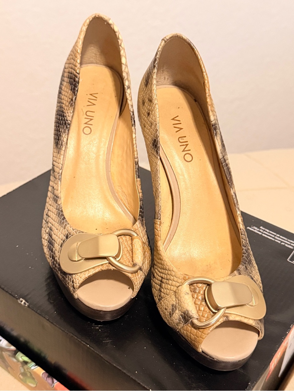 Via Uno Tan Snake-Print Peep-Toe Heels with Gold Accent Buckle